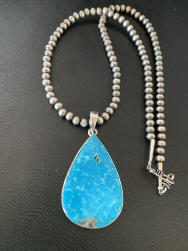 Navajo Pearls Blue Kingman Turquoise Necklace Pendant | Sterling Silver | Authentic Native American Handmade | 11810