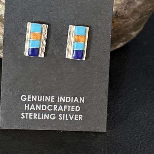 Navajo Multi-Color Turquoise Spiny Lapis Inlay Earrings | Sterling Silver | Authentic Native American Handmade | 14652