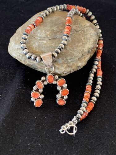 Navajo Red Spiny Oyster Naja Pendant | Sterling Silver Pearls | Authentic Native American Handmade | 140