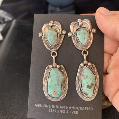 Navajo Blue Dry Creek Turquoise Post Dangle Earrings | Sterling Silver | Authentic Native American Handmade | 13873