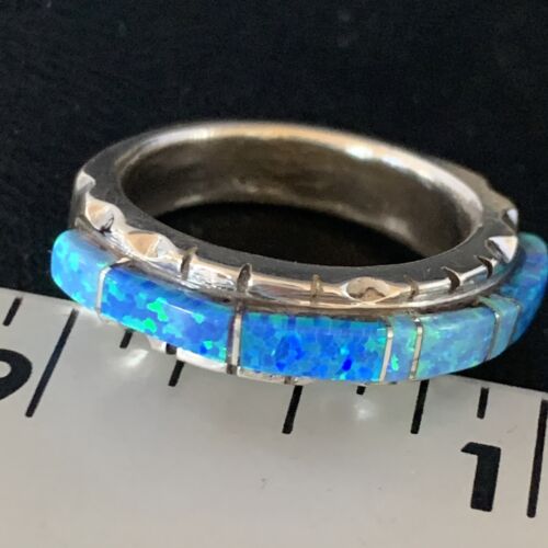 Navajo Blue Opal Inlay Ring | Sterling Silver | Sz 9 | Authentic Native American Handmade | Yazzie | 13533