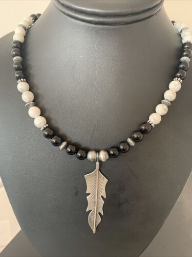 Navajo Feather Pendant | Black Onyx & Howlite | Sterling Silver Necklace | Authentic Native American Handmade | 01101