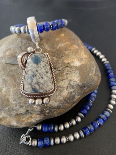 Men's  Navajo Pearls Lapis Azurite Pendant Necklace | Sterling Silver | Authentic Native American Handmade | 01928