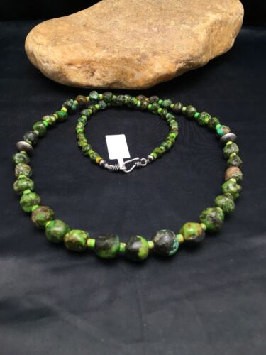 Navajo Green Nugget Graduated Turquoise Necklace | Sterling Silver | Authentic Native American | 24" | 8102