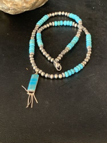 Navajo Blue Turquoise Inlay Pendant Necklace | Sterling Silver | Native American Handmade | 13836