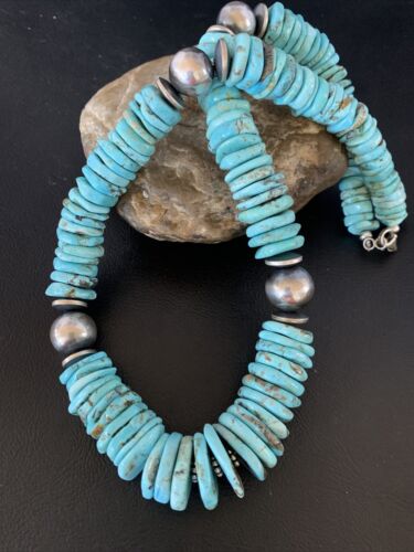 Authentic Native American Navajo Sterling Silver Necklace | Natural Turquoise #8 | Graduated Design | 28" | 13212