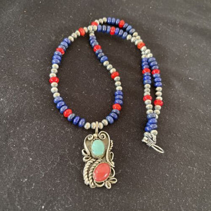 Navajo Pearls Sterling Silver Pendant Necklace | Lapis, Turquoise & Coral | Native American Handmade | 01176