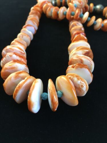 Navajo Orange Spiny Oyster & Turquoise Graduated Necklace | Sterling Silver | Authentic Native American | 30" | 1771