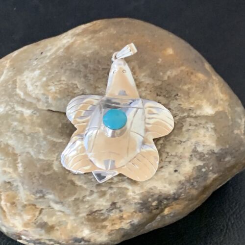 Navajo Blue Turquoise Turtle Pendant | Sterling Silver | Authentic Native American Handmade | 12804