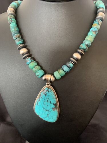 Navajo Pearls Spiderweb Beads Turquoise Necklace Pendant | Sterling Silver | Authentic Native American Handmade | 10239