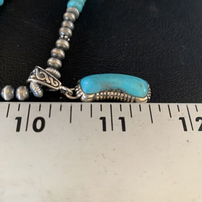 Navajo Blue Turquoise Pendant Necklace | Sterling Silver | Authentic Native American Handmade | 13826