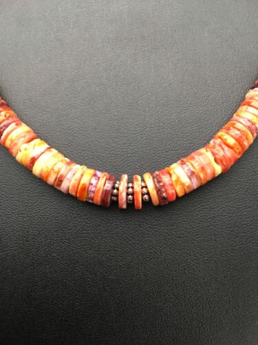 Navajo Orange Heishi Spiny Oyster Necklace Set | Sterling Silver | 22" | Authentic Native American Handmade | 2773