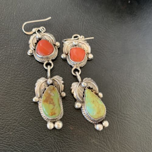 Navajo Green Royston Turquoise & Red Coral Dangle Earrings | Sterling Silver | Native American Handmade | 12354