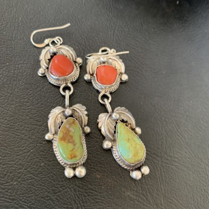 Navajo Green Royston Turquoise & Red Coral Dangle Earrings | Sterling Silver | Native American Handmade | 12354