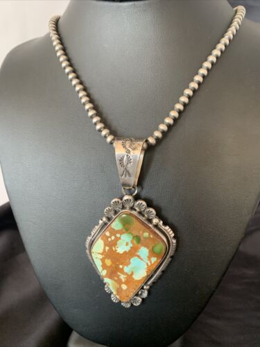 Navajo Royston Turquoise Pendant Men's Necklace | Sterling Silver | Native American Handmade | 10428
