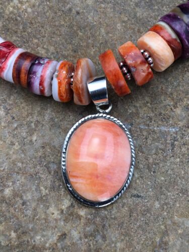 Navajo Orange Spiny Oyster Pendant Necklace Set | Sterling Silver | Authentic Native American Handmade | 2772