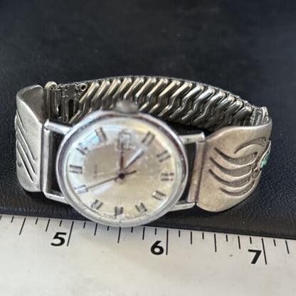 Men's Bear Paw Blue Turquoise Chip Inlay Watch Tips | Navajo Sterling Silver | Authentic Native American Jewelry | 14310