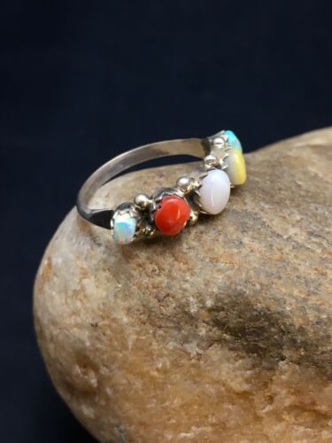 Southwestern Zuni Multi-Stone Ring | Blue Opal Coral Turquoise | Authentic Native American Sterling Silver | Multi-Stone | Sz 5.5 | 9000