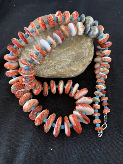 Navajo Red Spiny Oyster & Turquoise Necklace | Sterling Silver Graduated Navajo Pearls | Authentic Native American | 28" | 00912