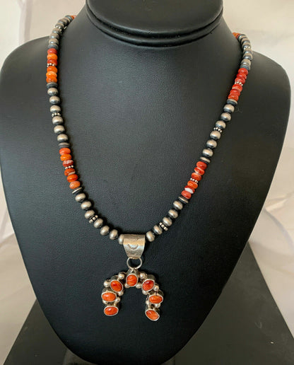 Navajo Pearls Red Spiny Oyster Cluster Naja Pendant Necklace | Sterling Silver | S283