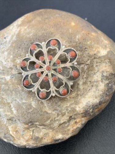 Old Pawn Zuni Sterling Silver Turquoise Red Coral Brooch Pin | 1.25" | 12558