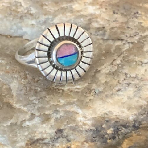Navajo Blue Turquoise Coral Inlay Ring | Sz 7.5 | Authentic Native American Handmade | 11204