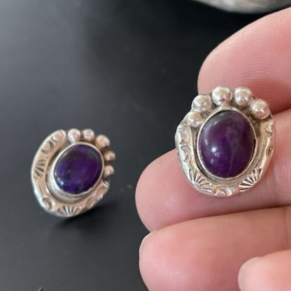 Navajo Sugilite Post Stud Earrings | Sterling Silver | Authentic Native American Handmade | 0.5" | 2068