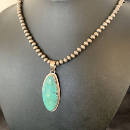 Navajo Pearl Necklace with Blue Spiderweb Turquoise Pendant | Sterling Silver | 13257