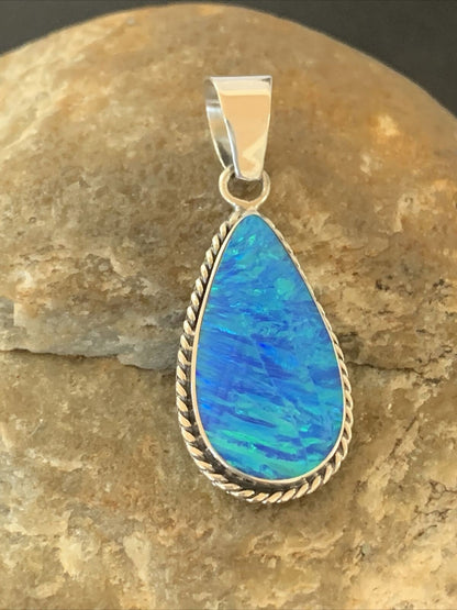 Navajo Blue Faux Opal Pendant | Sterling Silver | Authentic Native American Handmade | 1.50" | 01391