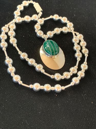 Navajo Green Malachite Pendant Necklace | Sterling Silver | Authentic Native American Handmade | 3179