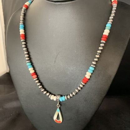 Navajo Pearls Wild Horse Turquoise Necklace Inlay Pendant | Sterling Silver | Authentic Native American Handmade | 13885