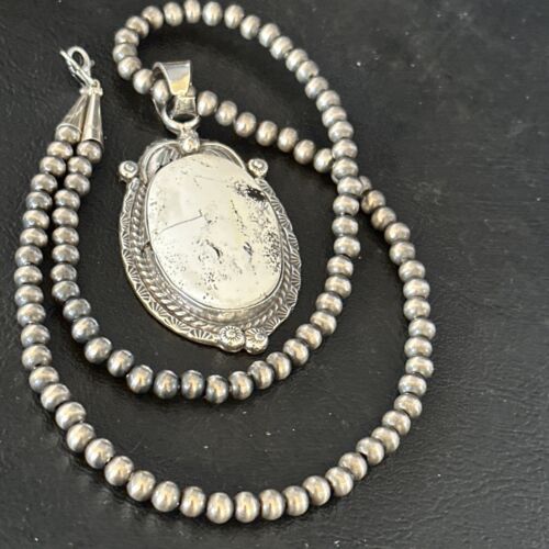 Navajo White Buffalo Turquoise Pendant Necklace | Sterling Silver | Authentic Native American Handmade | 14244
