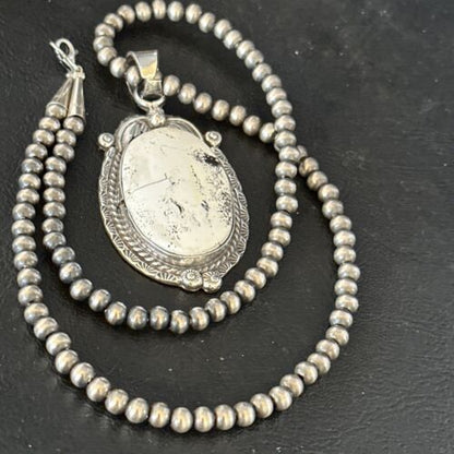 Navajo White Buffalo Turquoise Pendant Necklace | Sterling Silver | Authentic Native American Handmade | 14244
