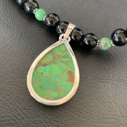Navajo Pearls Onyx Mojave Turquoise Pendant Necklace | Sterling Silver | Authentic Native American Handmade | 10346