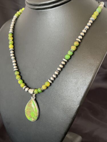 Navajo Pearl Necklace with Green Mojave Turquoise Pendant | Sterling Silver | Authentic Native American Handmade | 10580