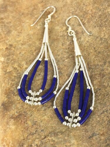 Navajo Lapis Lazuli Heishi Tube Dangle Earrings | Sterling Silver | 2" | 8876