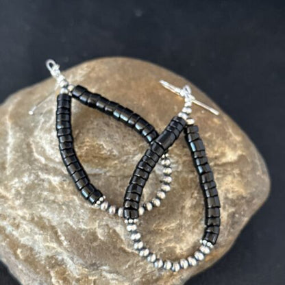 Native American Black Onyx Dangle Earrings | Sterling Silver Heishi Bead | 2" | 14427 - Masha USA