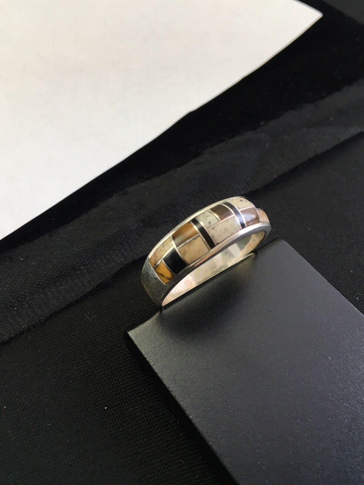 Navajo Sterling Silver Onyx, Coffee Tiger's Eye & Jasper Inlay Ring | Sz 14 | Authentic Native American Handmade | 1709