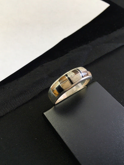 Navajo Sterling Silver Onyx, Coffee Tiger's Eye & Jasper Inlay Ring | Sz 14 | Authentic Native American Handmade | 1709