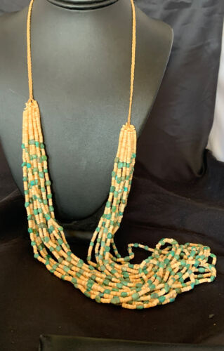 Native American Santo Domingo Necklace | Shell Green Turquoise | 38" | 12054