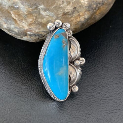 Navajo Blue Kingman Turquoise Ring | Sterling Silver Feather | Sz 9.5 | 10854