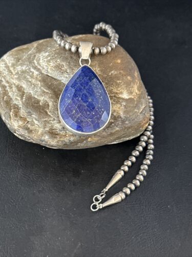 Men's Navajo Pearls Necklace with Faceted Lapis Pendant | Sterling Silver | Authentic Native American Handmade | 14468