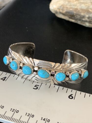 Navajo Kingman Turquoise Cuff Bracelet | Sterling Silver | 7 Stone | Authentic Native American Handmade | 12314