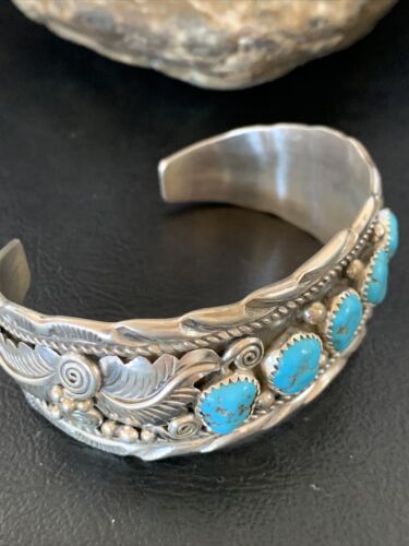 Navajo Sterling Silver Blue Kingman Turquoise Cuff Bracelet | 5 Stone | Authentic Native American Handmade | 12161