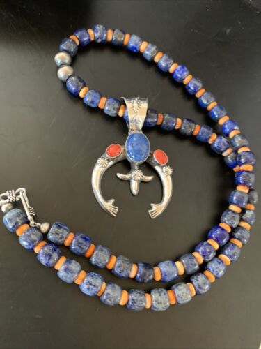 Navajo Native American Blue Lapis Spiny Oyster Naja Pendant | Sterling Silver | 11495