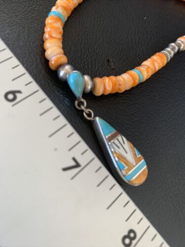 Navajo Pearls, Orange Spiny Oyster & Turquoise Sterling Silver Necklace with Pendant | Authentic Native American | 12704