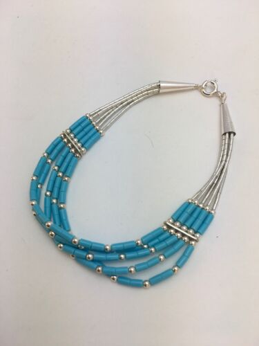 Blue Turquoise Heishi Liquid Silver Bracelet | Sterling Silver | 7" | 5-Strand | 13596