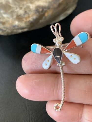 Zuni Turquoise Mother of Pearl Inlay Dragonfly Necklace Pin Pendant | Sterling Silver | 12317