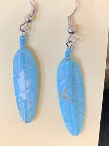 Navajo Turquoise Feather Slab Earrings | Sterling Silver Dangle | Authentic Native American Handmade | 12008