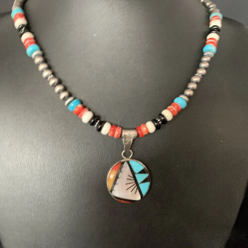 Zuni Multi-Color Turquoise Onyx Necklace | Sterling Silver Inlay Pendant | Native American Handmade | 13564